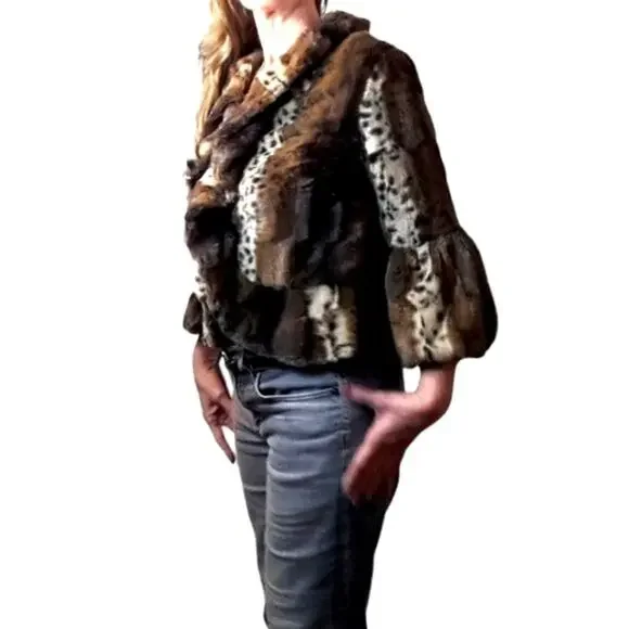 Y2K Pea Coat Sz M Faux Leopard Patchwork Animal Print Jacket Cropped Bell Ruffle - Picture 15 of 15